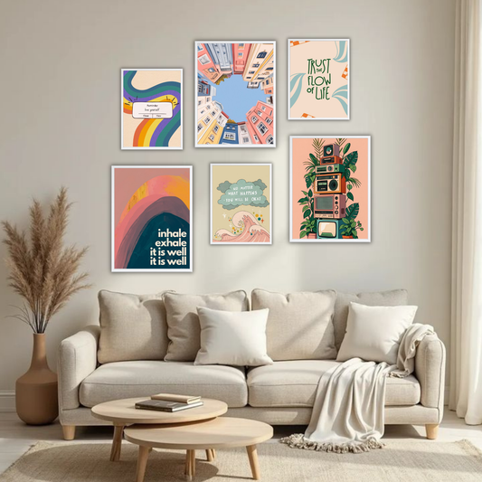 Retro Rainbow Boho Wall Frame Set – Set of 6 (3 Large 13×17" + 3 Small 9×11") | Colourful Aesthetic & Mindfulness Art Prints for Bedroom & Living Room