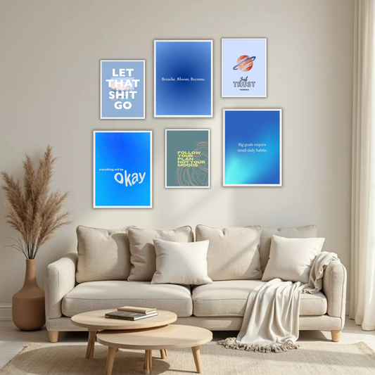Blue Gradient Mindset Wall Frame Set – Set of 6 (3 Large 13×17" + 3 Small 9×11") | Self-Trust & Motivational Art Prints for Bedroom & Living Room