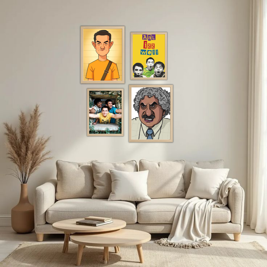3 Idiots Bollywood Wall Frame Set – Set of 4 (2 Large 13×17" + 2 Medium 9×11") | Aal Izz Well Fan Art Prints for Bedroom, Living Room & Cafe | Beige, Black & White Frame