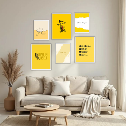 Sunshine Believe Wall Frame Set – Set of 6 (3 Large 13×17" + 3 Small 9×11") | Yellow Aesthetic Motivational Art Prints for Bedroom & Living Room