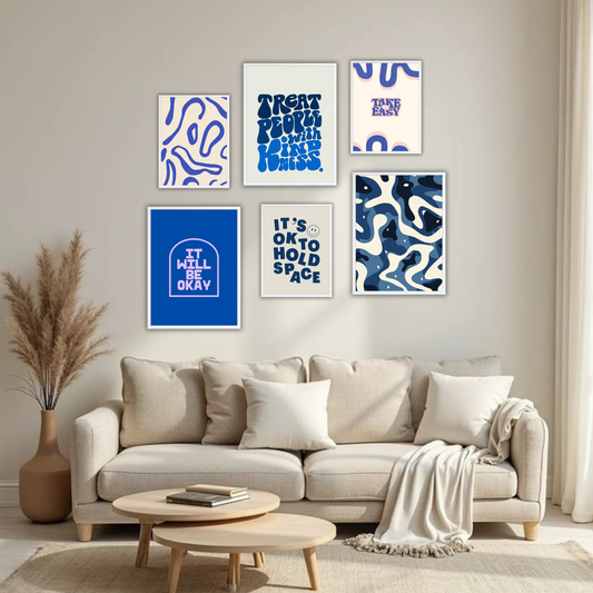 Blue Aesthetic Wall Frame Set – Set of 6 (3 Large 13×17" + 3 Small 9×11") | Kindness & Positivity Art Prints for Bedroom & Living Room