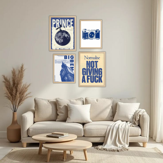 Blue Cream Eclectic Gallery Wall Frame Set – Set of 4 (2 Large 13×17" + 2 Medium 9×11") | Little Prince Big Ben Camera NGAF Art Prints | Beige, Black & White Frame