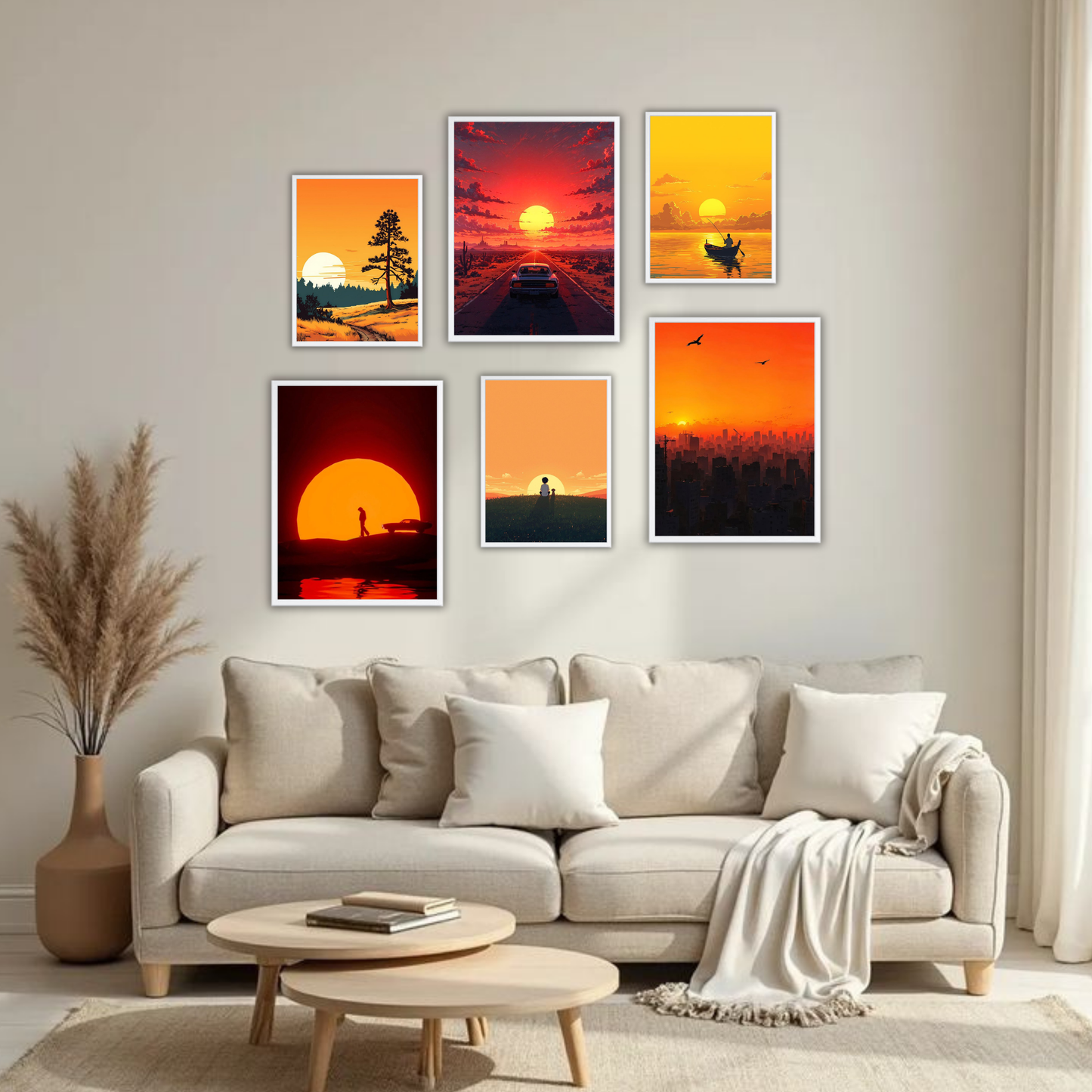 Sunset Vibes Wall Frame Set – Set of 6 (3 Large 13×17" + 3 Small 9×11") | Aesthetic Sunset Art Prints for Bedroom & Living Room