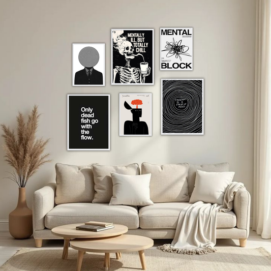 Dark Aesthetic Wall Frame Set – Set of 6 (3 Large 13×17" + 3 Small 9×11") | Mindset & Mental Health Art Prints for Bedroom & Living Room