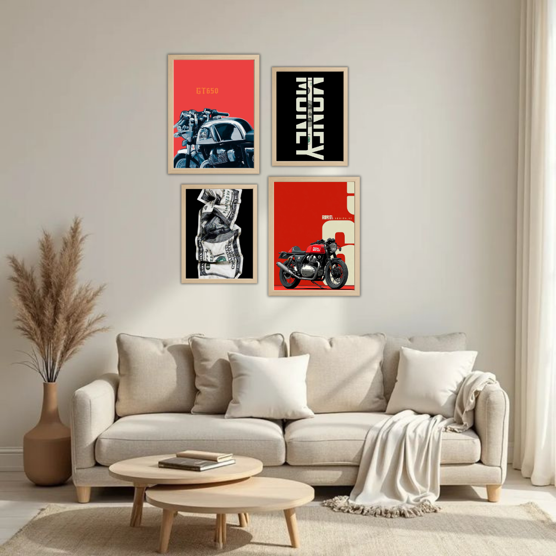 Royal Enfield Hustle Money Wall Frame Set – Set of 4 (2 Large 13×17" + 2 Medium 9×11") | Bike Lover Money Grind Poster Art Prints | Beige, Black & White Frame