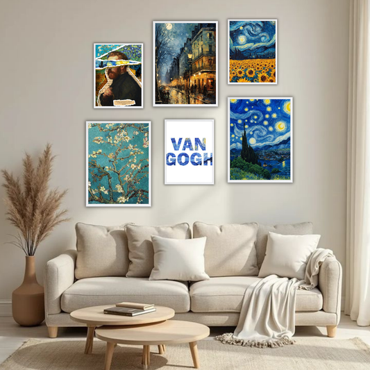Van Gogh Bold Art Wall Frame Set – Set of 6 (3 Large 13×17" + 3 Small 9×11") | Starry Night & Sunflowers Classic Art Prints for Bedroom & Living Room