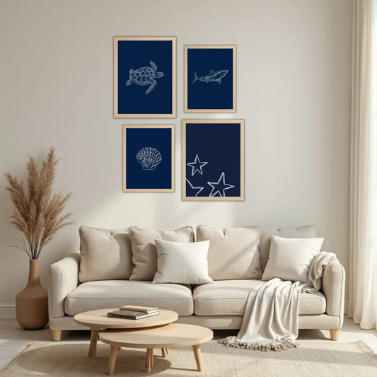 Navy Blue Ocean Line Art Wall Frame Set – Set of 4 (2 Large 13×17" + 2 Medium 9×11") | Turtle Shark Seashell Starfish Coastal Art Prints | Beige, Black & White Frame