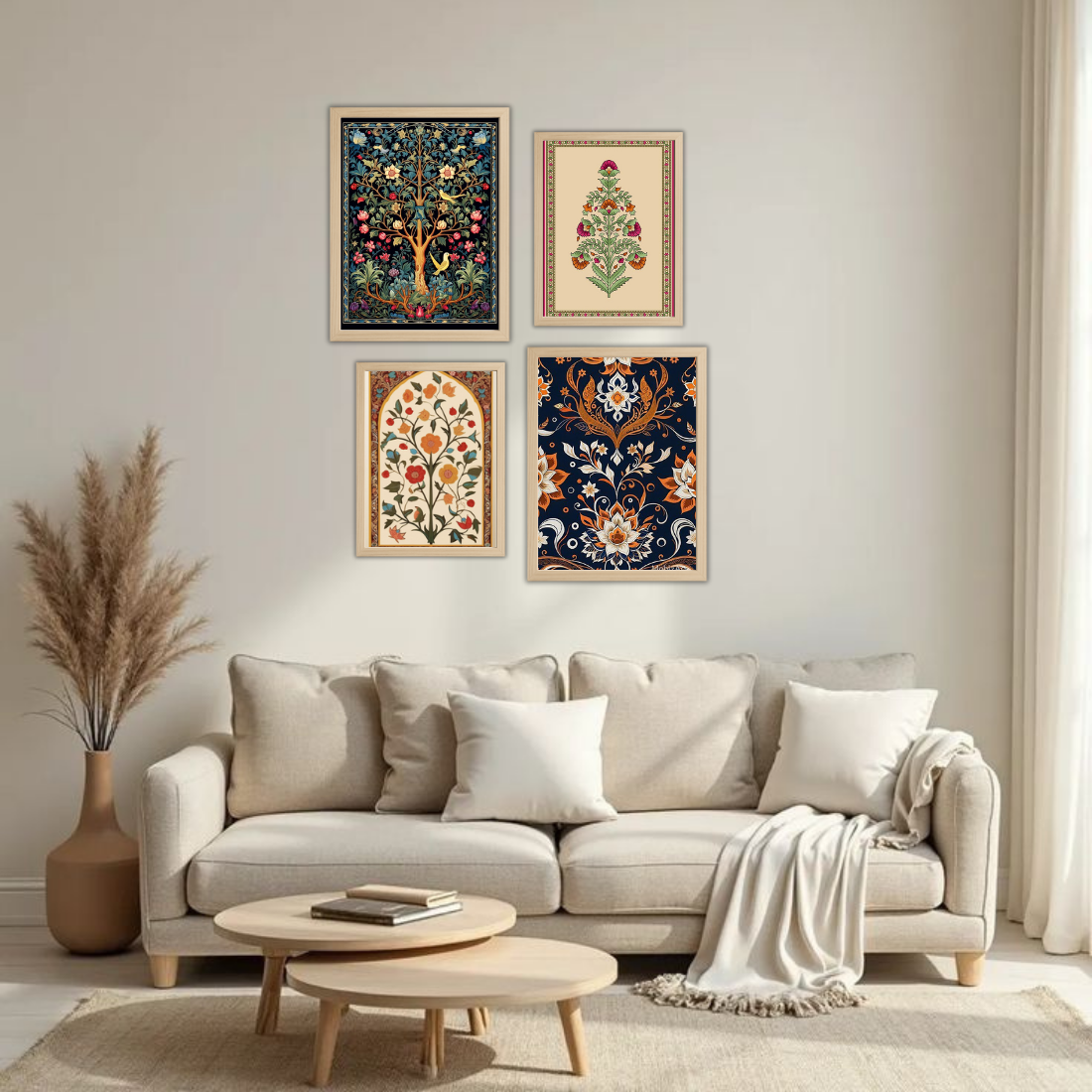 Mughal Wall Frame Set – Set of 4 (2 Large 13×17" + 2 Medium 9×11") | Royal Indian Botanical Art Prints | Beige, Black & White Frame