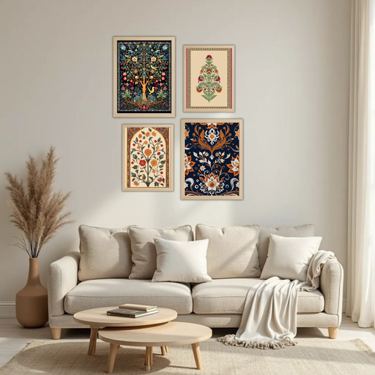 Mughal Wall Frame Set – Set of 4 (2 Large 13×17" + 2 Medium 9×11") | Royal Indian Botanical Art Prints | Beige, Black & White Frame