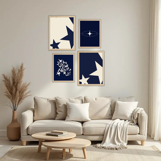 Navy Blue Y2K Star Aesthetic Wall Frame Set – Set of 4 (2 Large 13×17" + 2 Medium 9×11") | Do You Think About Me Coquette Star Art Prints | Beige, Black & White Frame