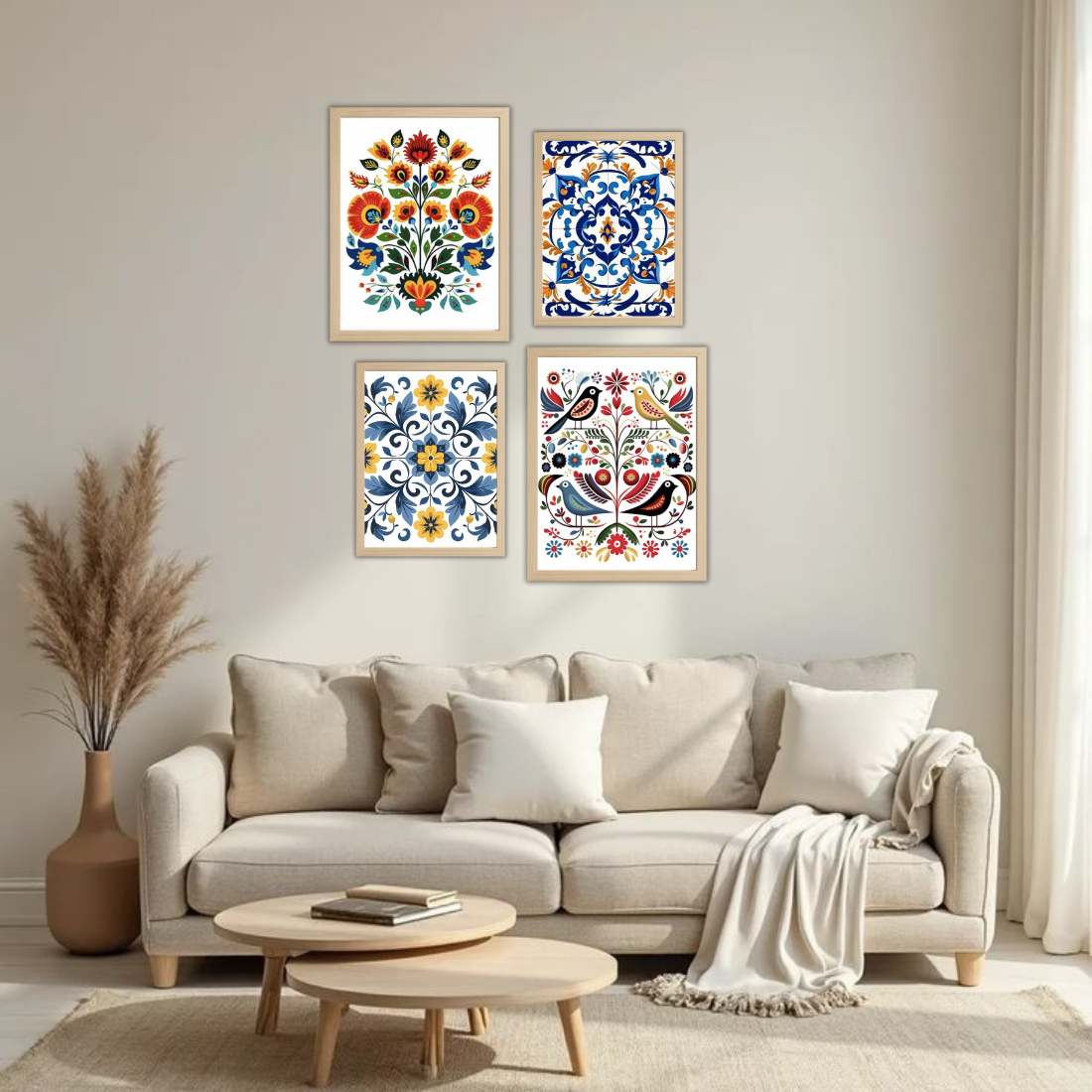 Folk Art Floral Tile Wall Frame Set – Set of 4 (2 Large 13×17" + 2 Medium 9×11") | Colourful Ethnic Botanical Prints | Beige, Black & White Frame