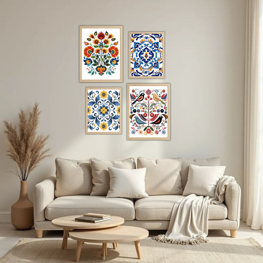 Folk Art Floral Tile Wall Frame Set – Set of 4 (2 Large 13×17" + 2 Medium 9×11") | Colourful Ethnic Botanical Prints | Beige, Black & White Frame