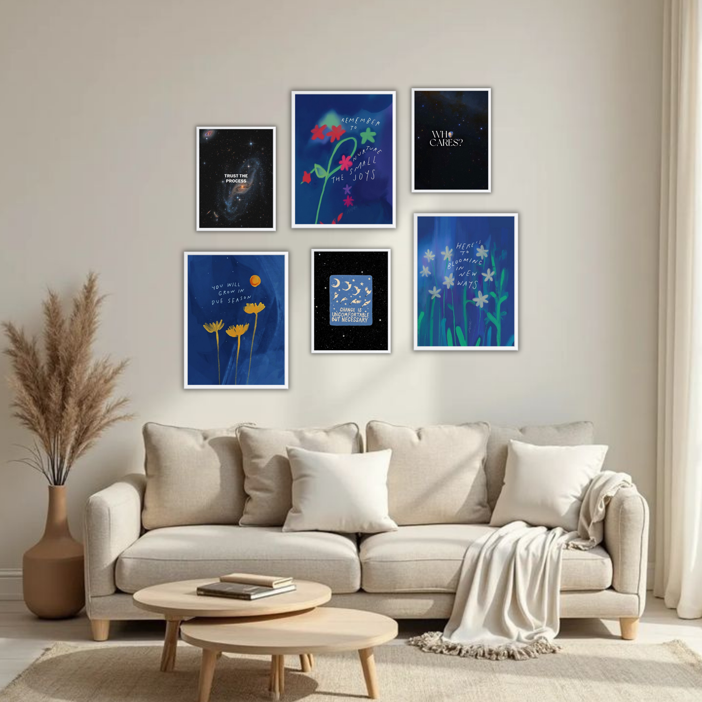 Bloom & Grow Wall Frame Set – Set of 6 (3 Large 13×17" + 3 Small 9×11") | Deep Blue Botanical Growth Art Prints for Bedroom & Living Room