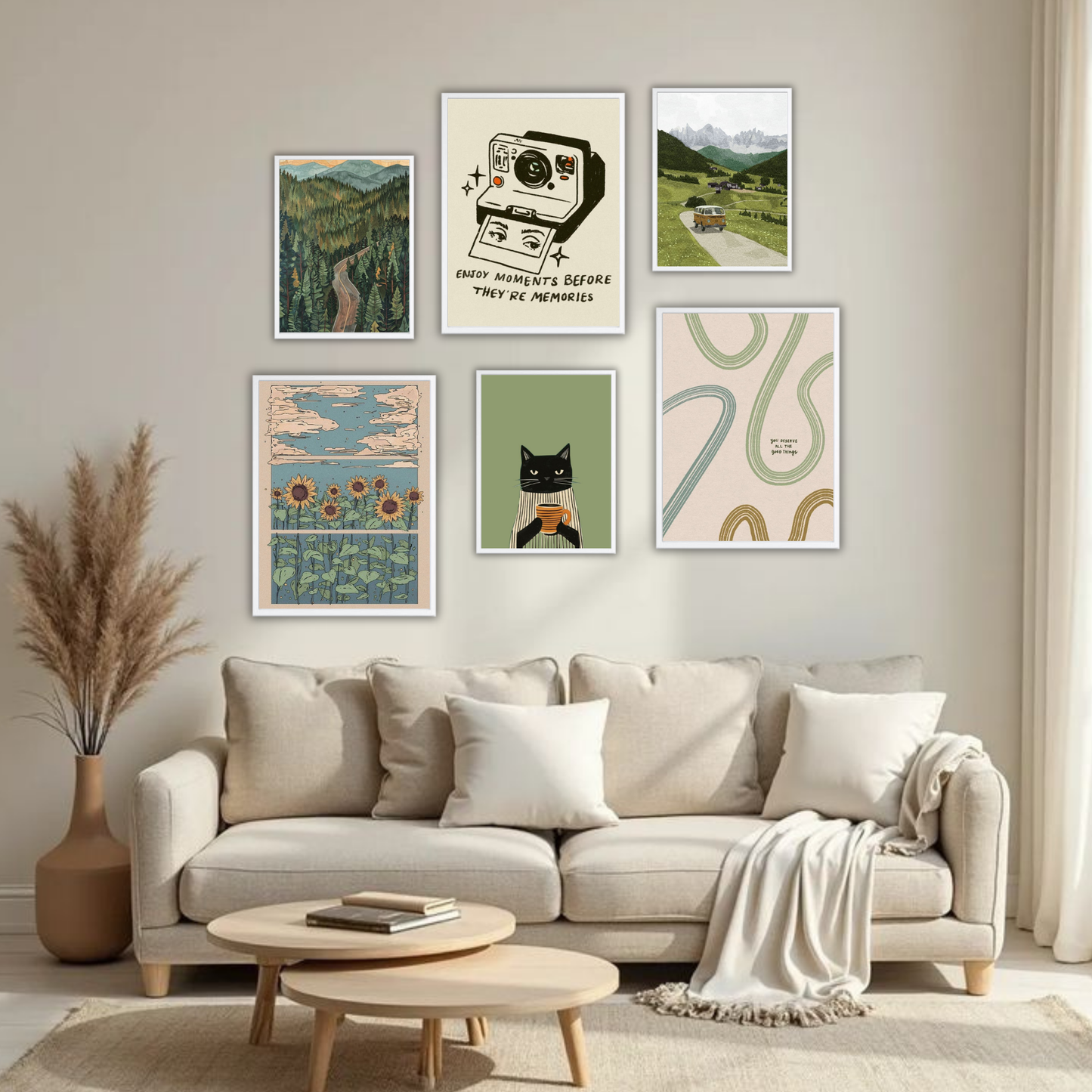 Vintage Nature Wanderlust Wall Frame Set – Set of 6 (3 Large 13×17" + 3 Small 9×11") | Retro Travel & Cottagecore Art Prints for Bedroom & Living Room