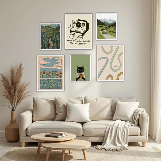 Vintage Nature Wanderlust Wall Frame Set – Set of 6 (3 Large 13×17" + 3 Small 9×11") | Retro Travel & Cottagecore Art Prints for Bedroom & Living Room