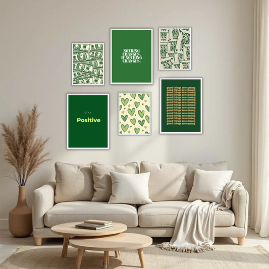Green Abundance Wall Frame Set – Set of 6 (3 Large 13×17" + 3 Small 9×11") | Lucky & Positivity Art Prints for Bedroom & Living Room