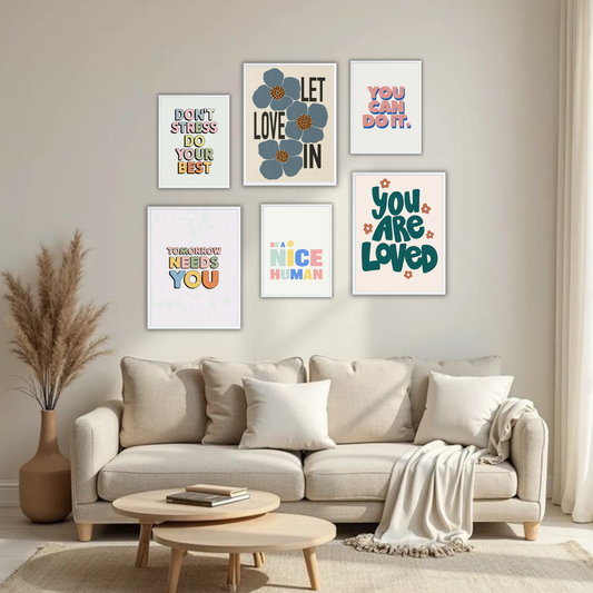 Colorful Positivity Wall Frame Set – Set of 6 (3 Large 13×17" + 3 Small 9×11") | Self-Love & Motivational Art Prints for Bedroom & Living Room
