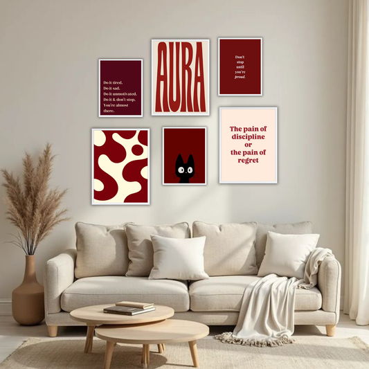 AURA Dark Red Aesthetic Wall Frame Set – Set of 6 (3 Large 13×17" + 3 Small 9×11") | Motivational Art Prints for Bedroom & Living Room