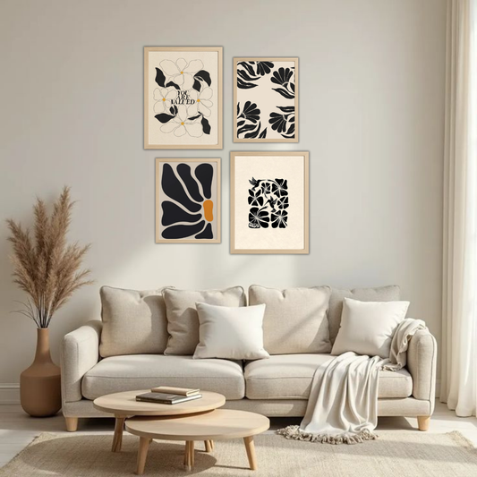 Matisse Black Cream Botanical Wall Frame Set – Set of 4 (2 Large 13×17" + 2 Medium 9×11") | You Are Valued Abstract Floral Art Prints | Beige, Black & White Frame