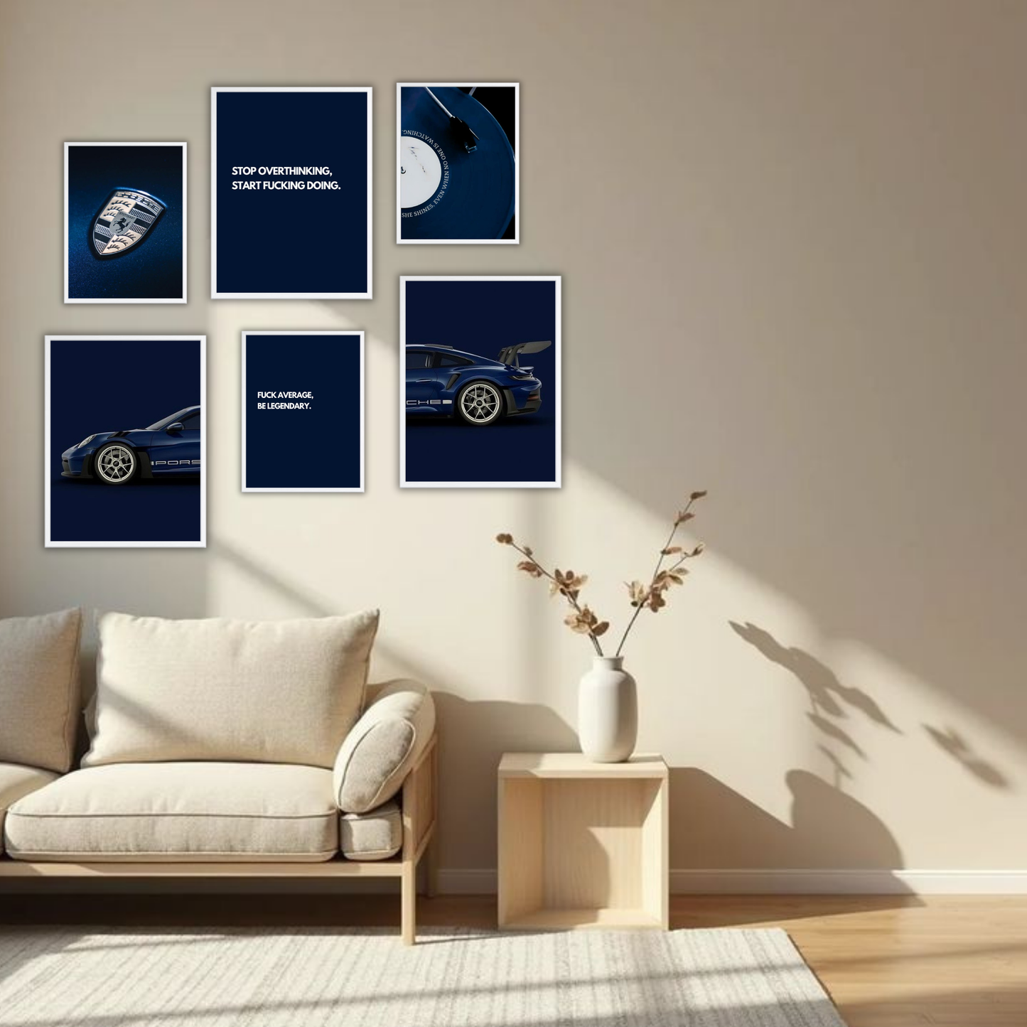 Luxury Hustle Wall Frame Set – Set of 6 (3 Large 13×17" + 3 Small 9×11") | Motivational & Car Aesthetic Wall Decor for Bedroom & Office