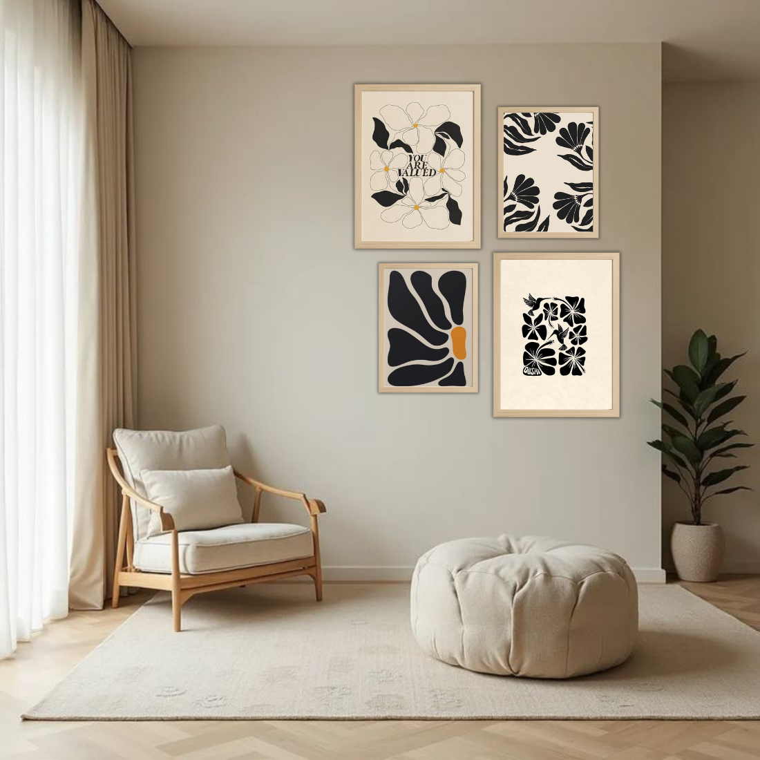 Matisse Black Cream Botanical Wall Frame Set – Set of 4 (2 Large 13×17" + 2 Medium 9×11") | You Are Valued Abstract Floral Art Prints | Beige, Black & White Frame