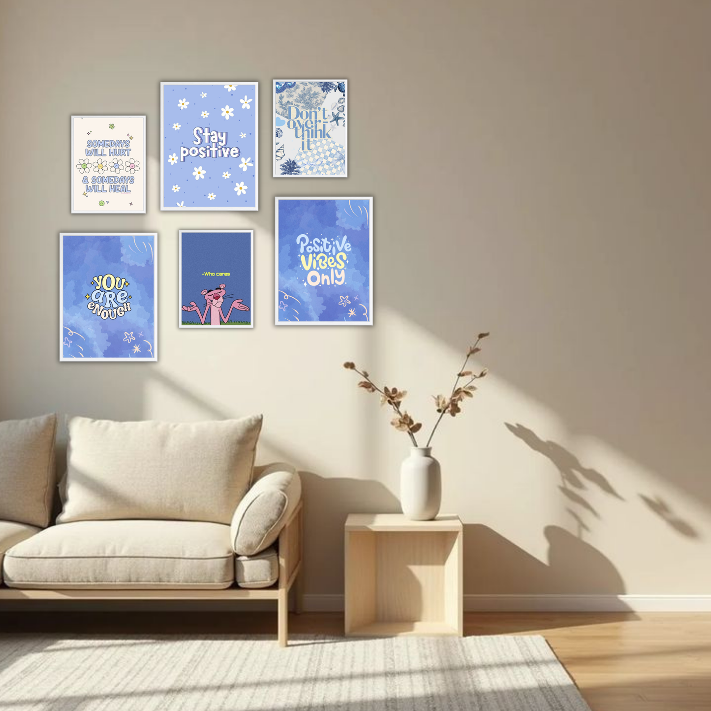 Pastel Blue Positive Vibes Wall Frame Set – Set of 6 (3 Large 13×17" + 3 Small 9×11") | Stay Positive & Self-Love Aesthetic Art Prints for Bedroom & Living Room