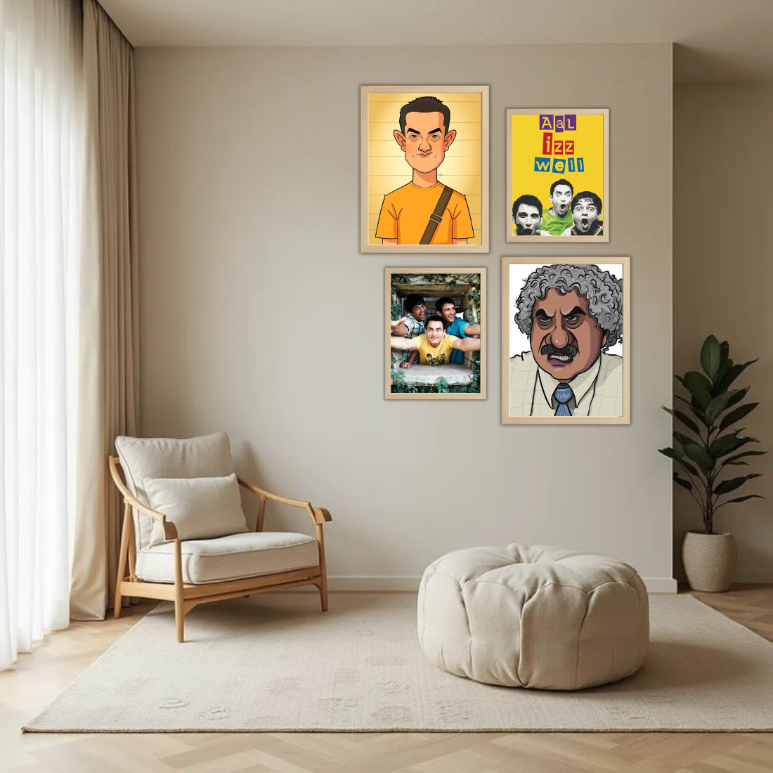 3 Idiots Bollywood Wall Frame Set – Set of 4 (2 Large 13×17" + 2 Medium 9×11") | Aal Izz Well Fan Art Prints for Bedroom, Living Room & Cafe | Beige, Black & White Frame