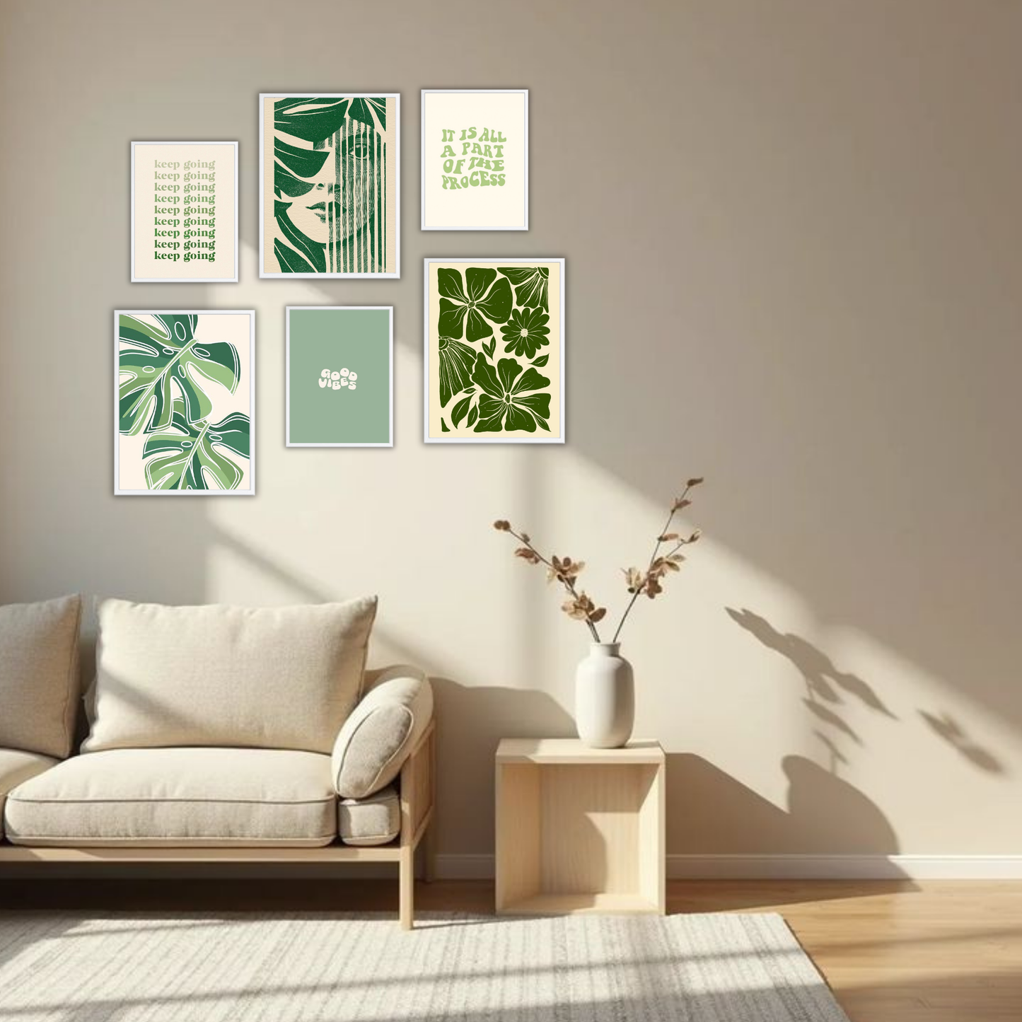 Dark Green Botanical Wall Frame Set – Set of 6 (3 Large 13×17" + 3 Small 9×11") | Keep Going & Good Vibes Nature Art Prints for Bedroom & Living Room
