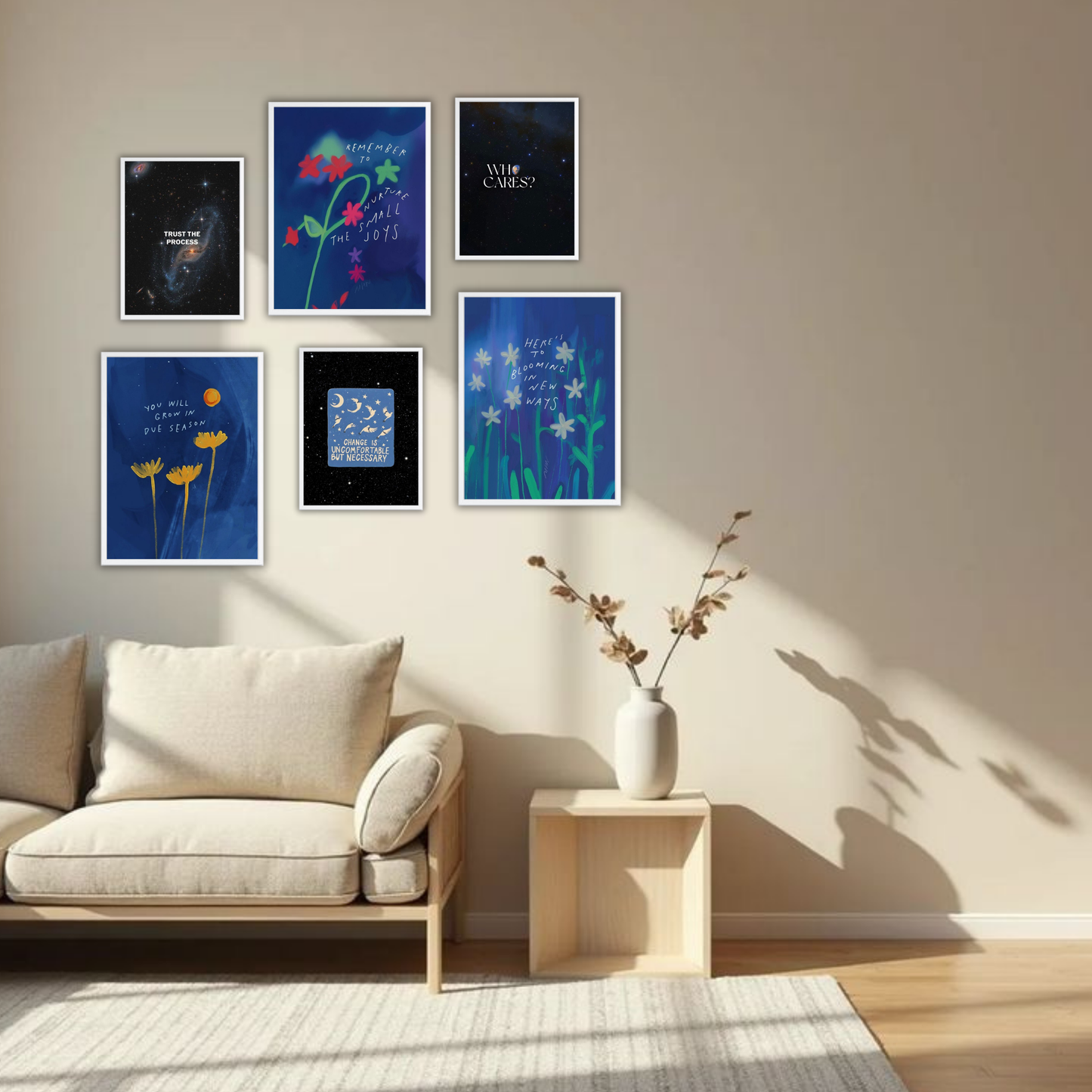 Bloom & Grow Wall Frame Set – Set of 6 (3 Large 13×17" + 3 Small 9×11") | Deep Blue Botanical Growth Art Prints for Bedroom & Living Room