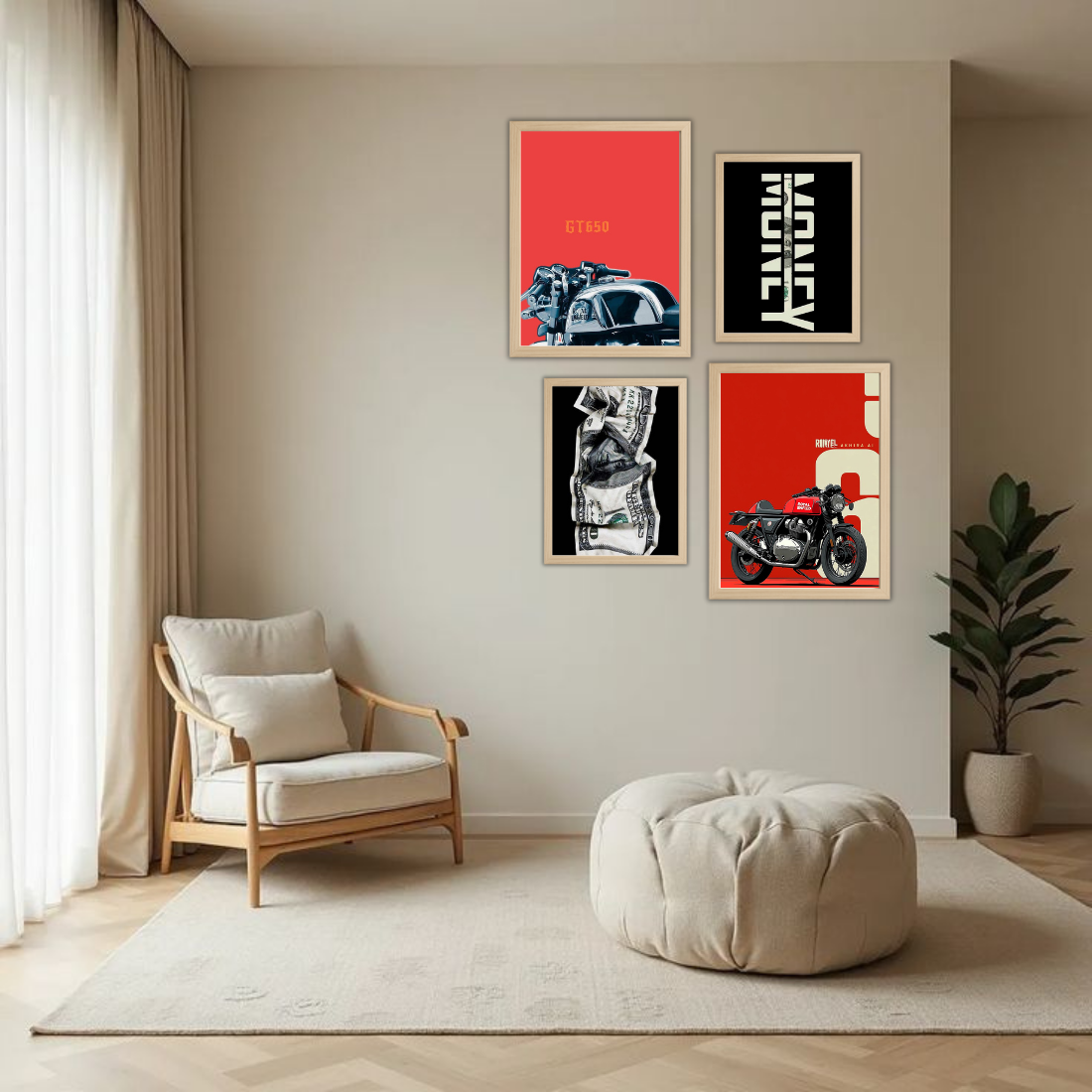Royal Enfield Hustle Money Wall Frame Set – Set of 4 (2 Large 13×17" + 2 Medium 9×11") | Bike Lover Money Grind Poster Art Prints | Beige, Black & White Frame