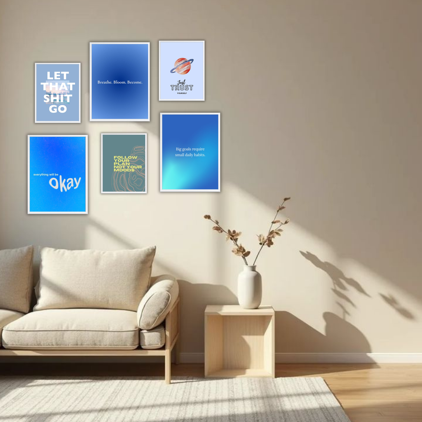 Blue Gradient Mindset Wall Frame Set – Set of 6 (3 Large 13×17" + 3 Small 9×11") | Self-Trust & Motivational Art Prints for Bedroom & Living Room