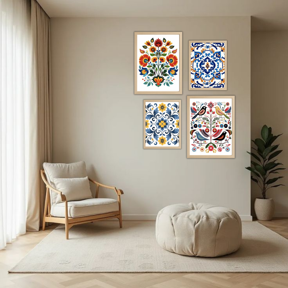 Folk Art Floral Tile Wall Frame Set – Set of 4 (2 Large 13×17" + 2 Medium 9×11") | Colourful Ethnic Botanical Prints | Beige, Black & White Frame