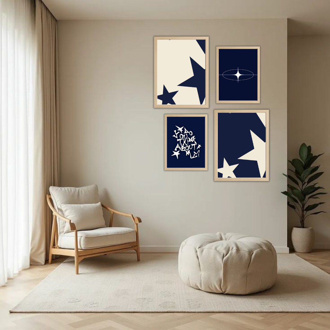 Navy Blue Y2K Star Aesthetic Wall Frame Set – Set of 4 (2 Large 13×17" + 2 Medium 9×11") | Do You Think About Me Coquette Star Art Prints | Beige, Black & White Frame
