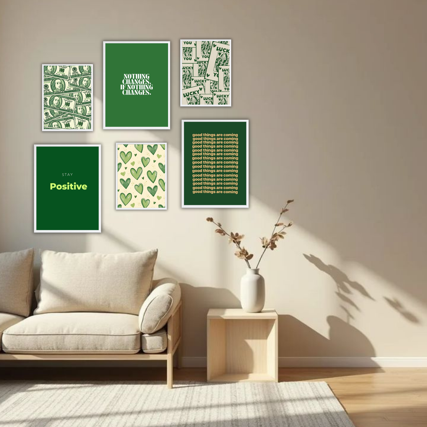 Green Abundance Wall Frame Set – Set of 6 (3 Large 13×17" + 3 Small 9×11") | Lucky & Positivity Art Prints for Bedroom & Living Room