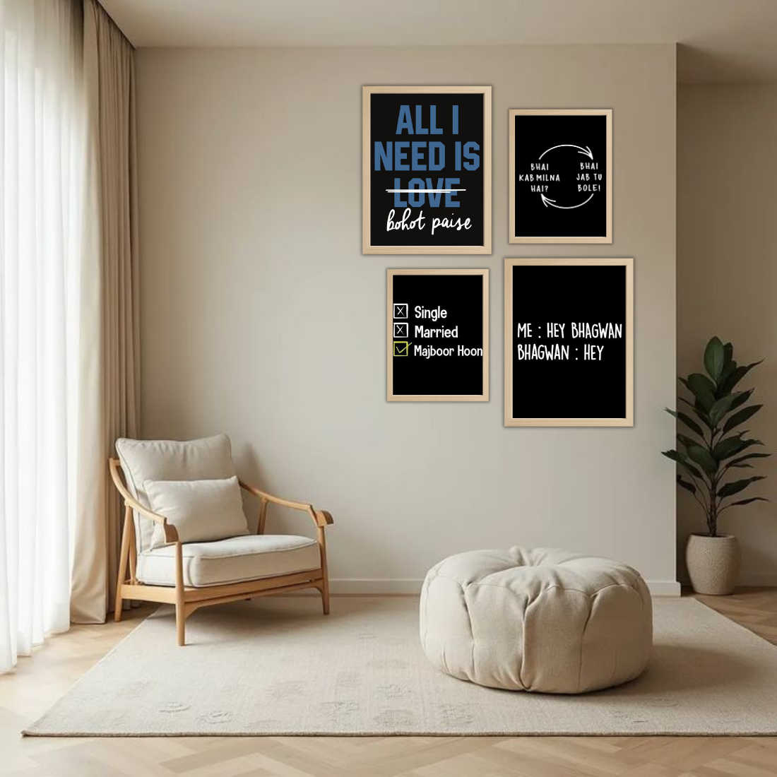 Desi Meme Humour Wall Frame Set – Set of 4 (2 Large 13×17" + 2 Medium 9×11") | Funny Hindi Quotes Bohot Paise Bhai Majboor Hoon Art Prints | Beige, Black & White Frame