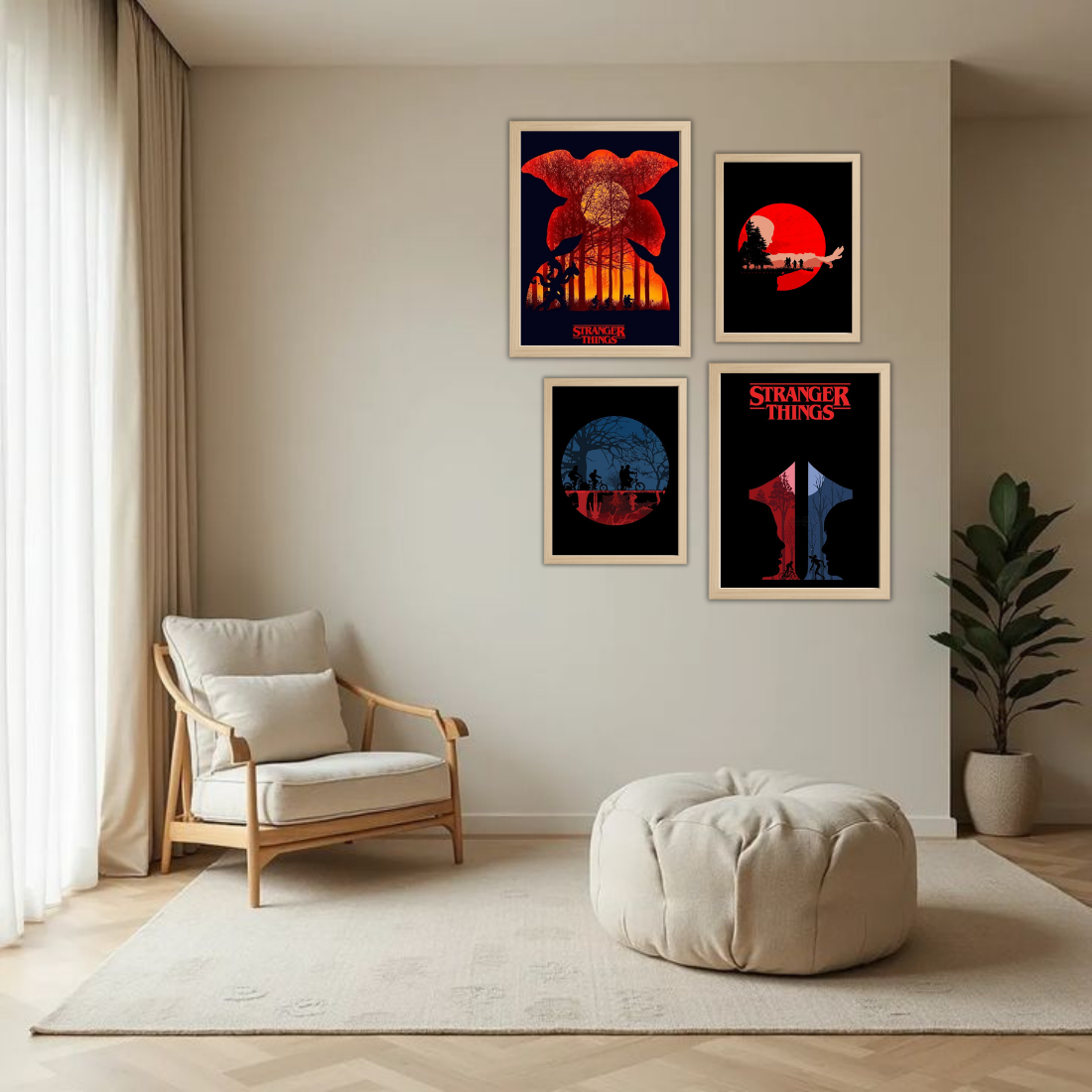 Stranger Things Poster Wall Frame Set – Set of 4 (2 Large 13×17" + 2 Medium 9×11") | Demogorgon Red Moon Hawkins Bike Fan Art Prints | Beige, Black & White Frame