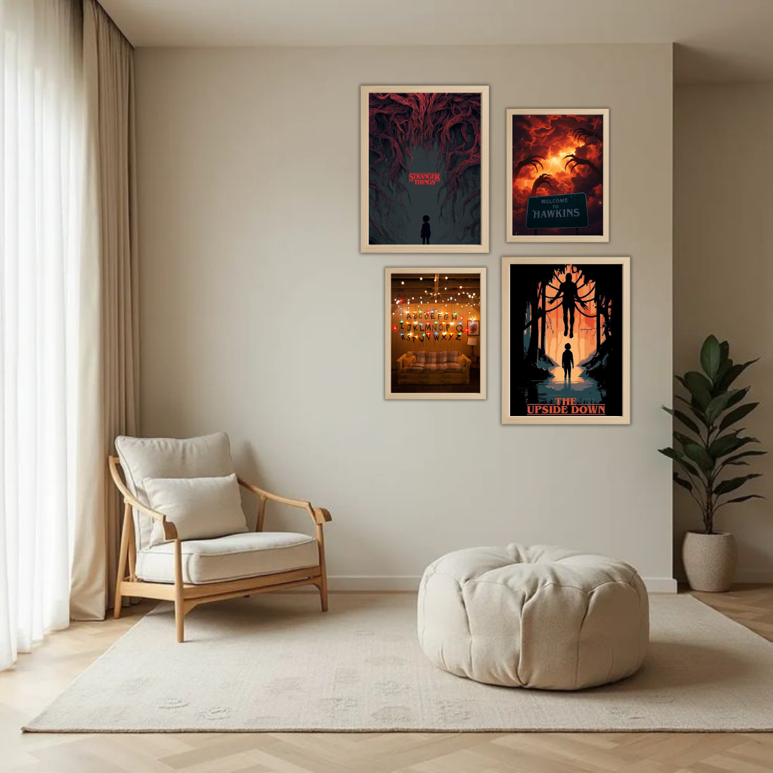 Stranger Things Wall Frame Set – Set of 4 (2 Large 13×17" + 2 Medium 9×11") | Upside Down Hawkins Mind Flayer Fan Art Prints | Beige, Black & White Frame