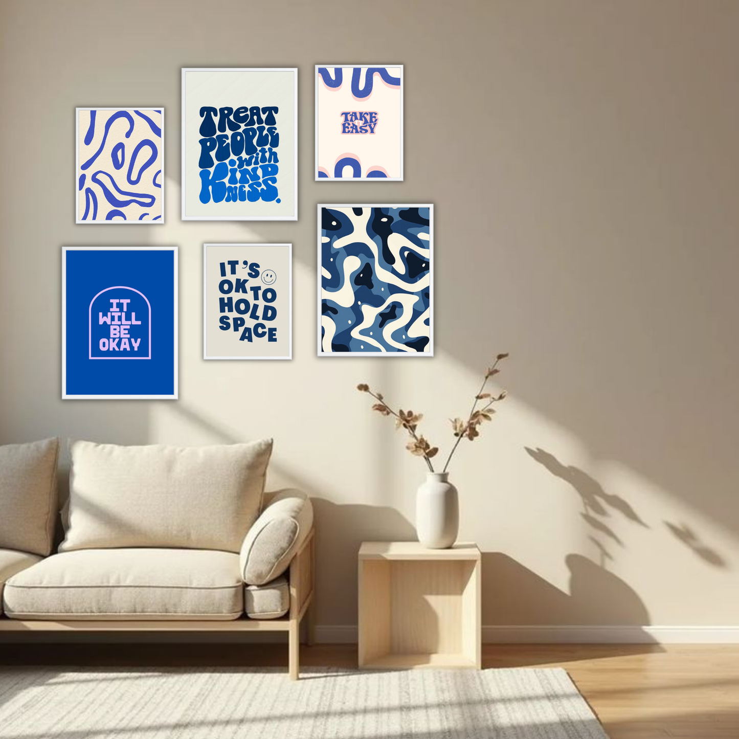 Blue Aesthetic Wall Frame Set – Set of 6 (3 Large 13×17" + 3 Small 9×11") | Kindness & Positivity Art Prints for Bedroom & Living Room