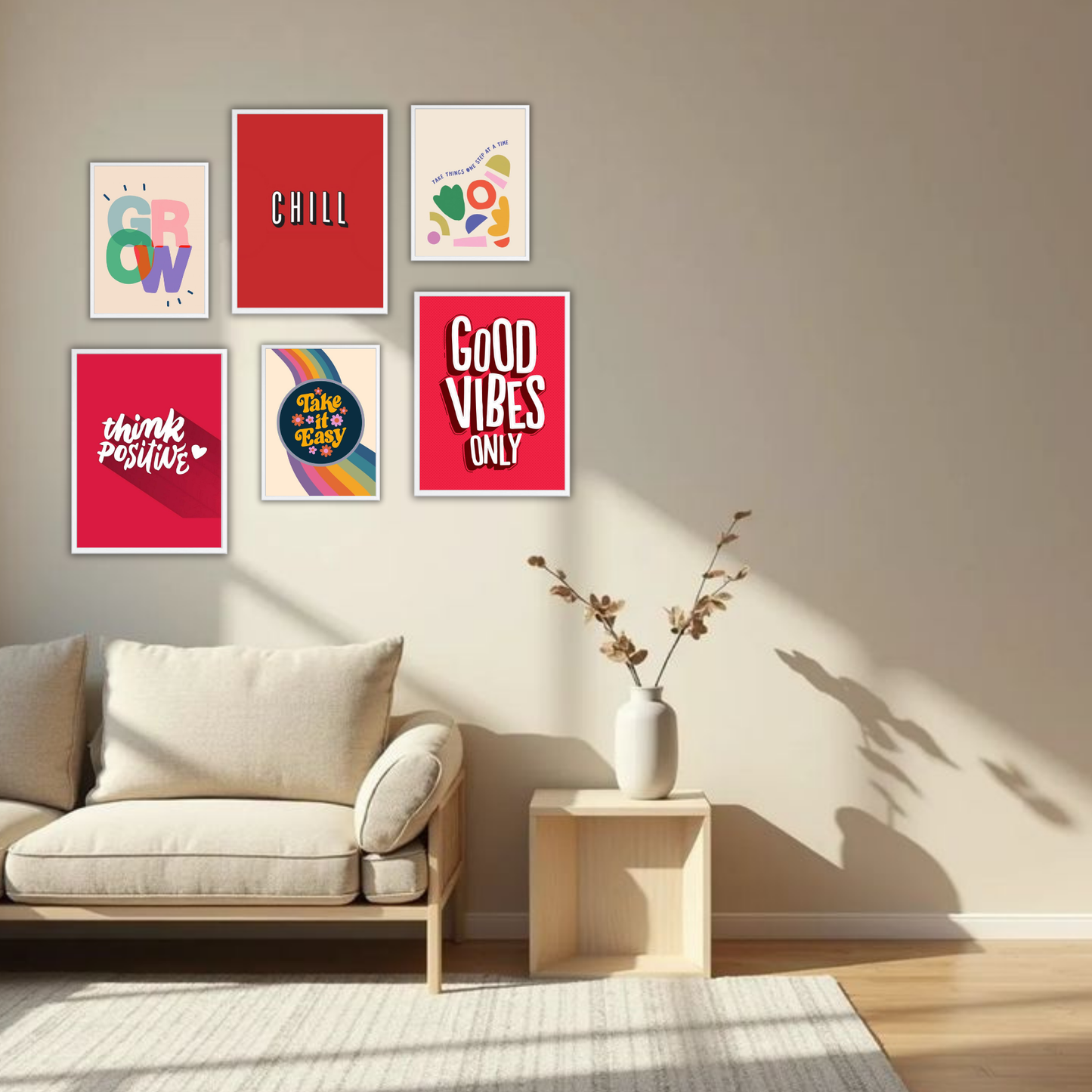 Good Vibes Only Wall Frame Set – Set of 6 (3 Large 13×17" + 3 Small 9×11") | Positive & Chill Aesthetic Art Prints for Bedroom & Living Room