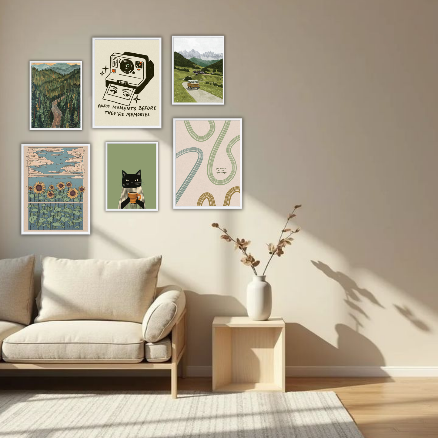 Vintage Nature Wanderlust Wall Frame Set – Set of 6 (3 Large 13×17" + 3 Small 9×11") | Retro Travel & Cottagecore Art Prints for Bedroom & Living Room