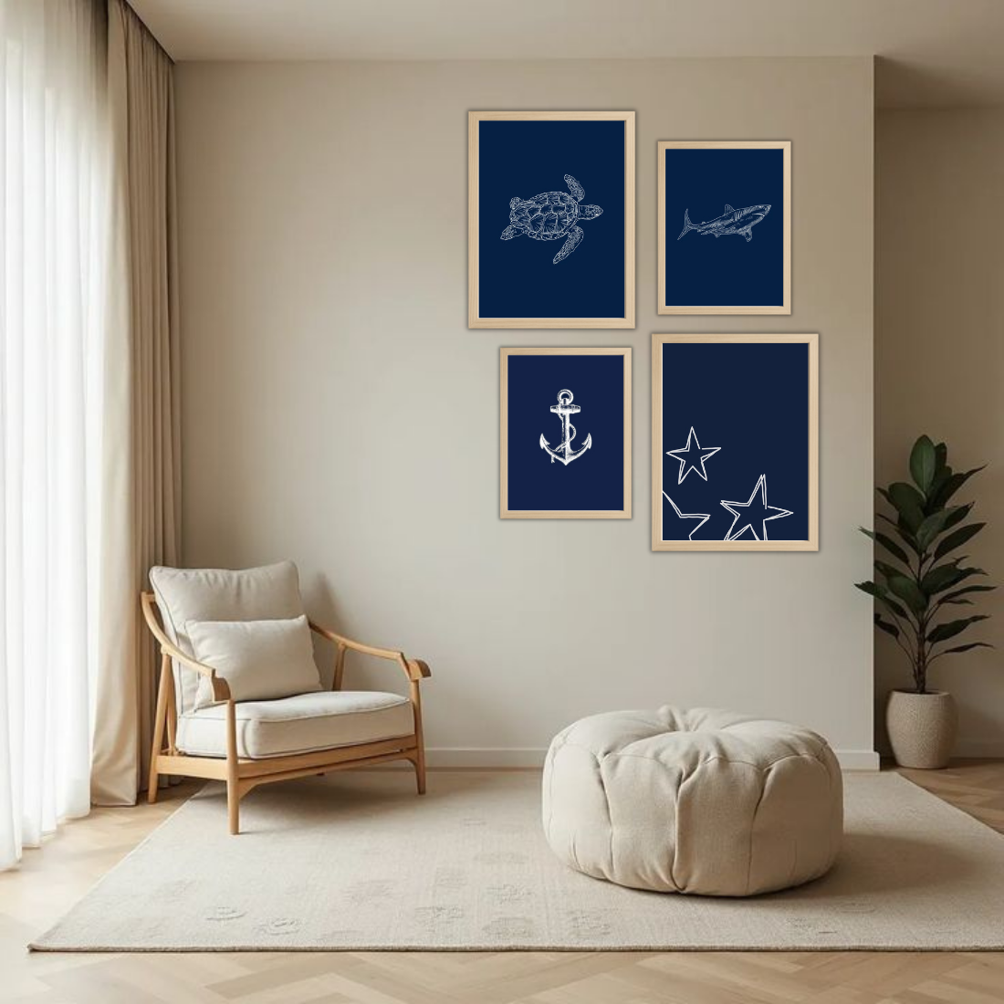 Navy Blue Ocean Line Art Wall Frame Set – Set of 4 (2 Large 13×17" + 2 Medium 9×11") | Turtle Shark Seashell Starfish Coastal Art Prints | Beige, Black & White Frame