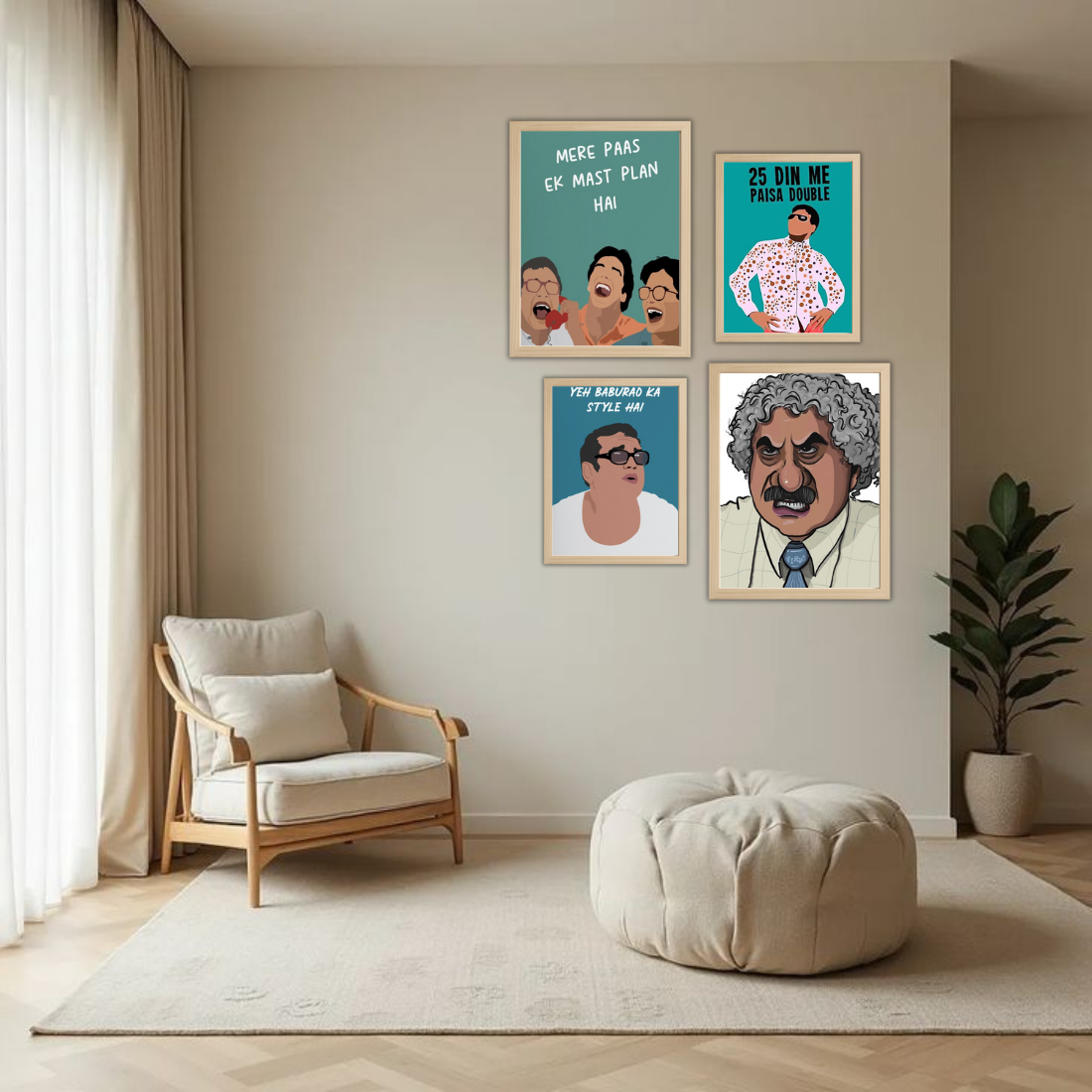 Hera Pheri Bollywood Wall Frame Set – Set of 4 (2 Large 13×17" + 2 Medium 9×11") | Baburao & Raju Meme Fan Art Prints for Bedroom, Living Room & Cafe | Beige, Black & White Frame