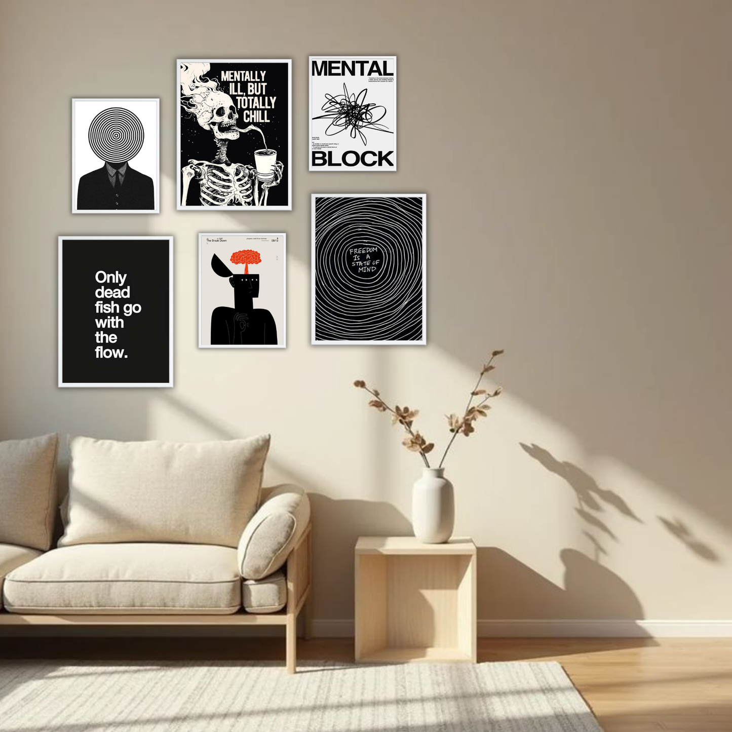 Dark Aesthetic Wall Frame Set – Set of 6 (3 Large 13×17" + 3 Small 9×11") | Mindset & Mental Health Art Prints for Bedroom & Living Room