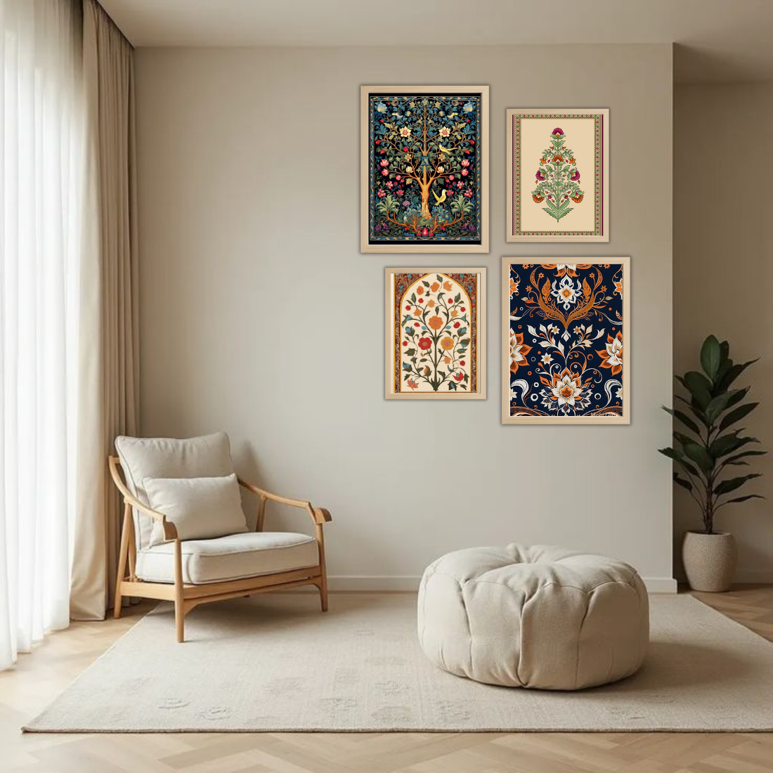 Mughal Wall Frame Set – Set of 4 (2 Large 13×17" + 2 Medium 9×11") | Royal Indian Botanical Art Prints | Beige, Black & White Frame