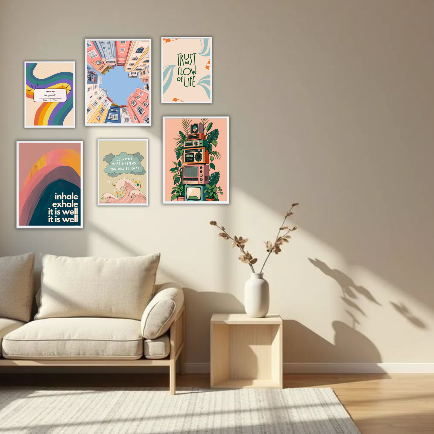 Retro Rainbow Boho Wall Frame Set – Set of 6 (3 Large 13×17" + 3 Small 9×11") | Colourful Aesthetic & Mindfulness Art Prints for Bedroom & Living Room