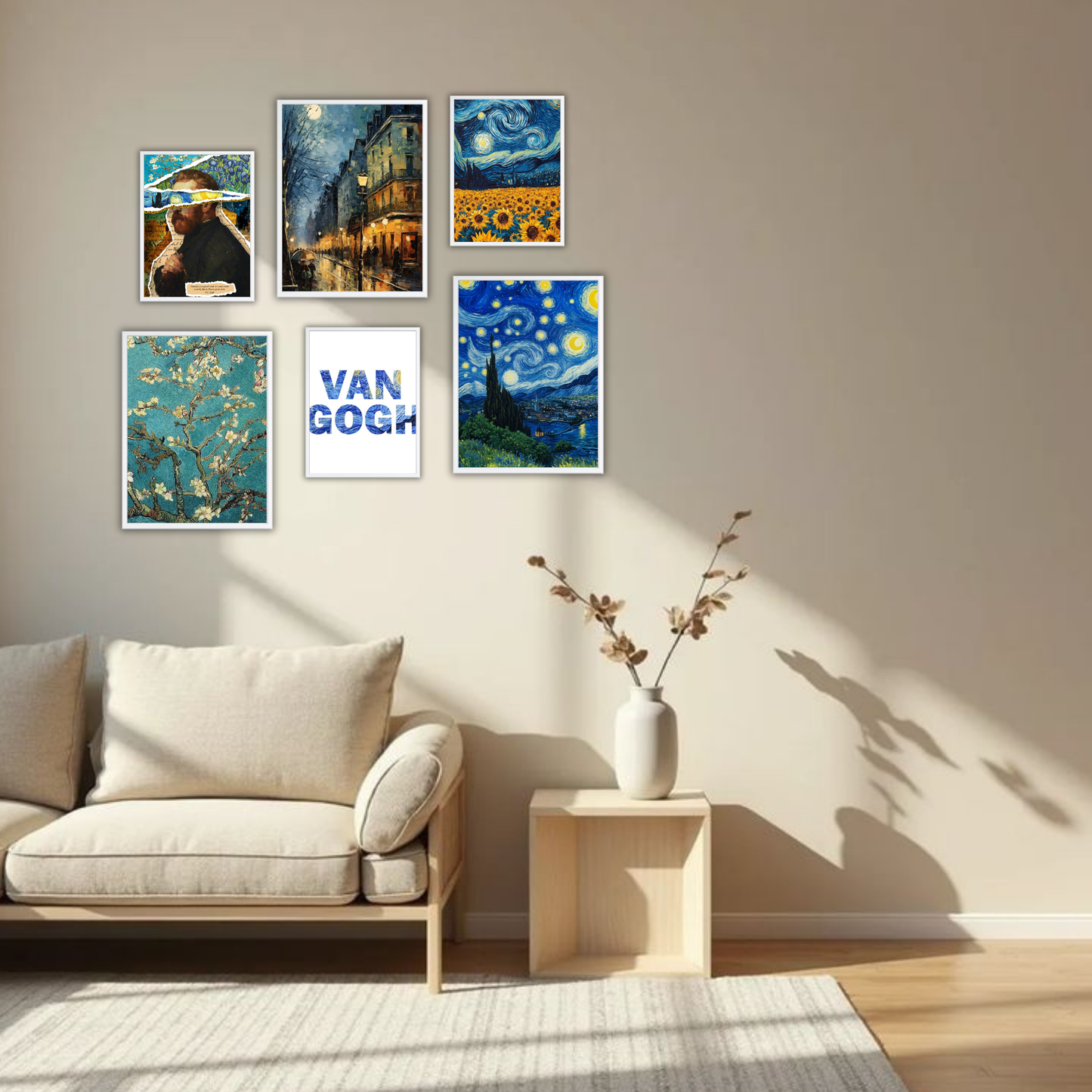 Van Gogh Bold Art Wall Frame Set – Set of 6 (3 Large 13×17" + 3 Small 9×11") | Starry Night & Sunflowers Classic Art Prints for Bedroom & Living Room
