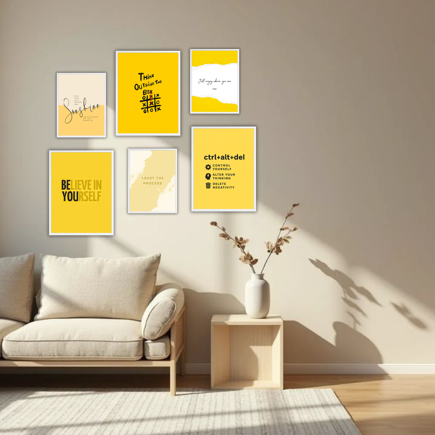 Sunshine Believe Wall Frame Set – Set of 6 (3 Large 13×17" + 3 Small 9×11") | Yellow Aesthetic Motivational Art Prints for Bedroom & Living Room
