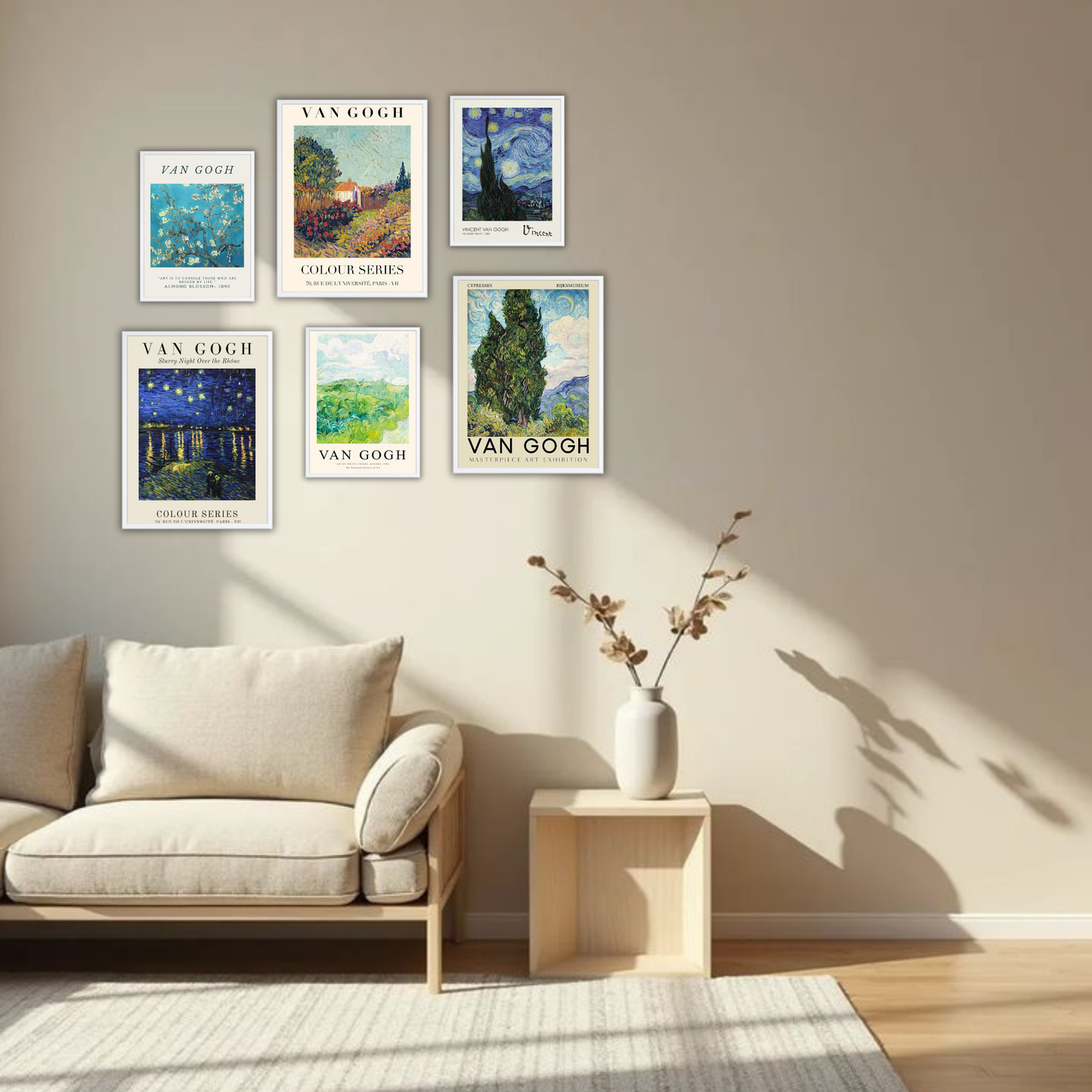 Van Gogh Masterpiece Wall Frame Set – Set of 6 (3 Large 13×17" + 3 Small 9×11") | Classic Fine Art Exhibition Prints for Bedroom, Living Room & Office