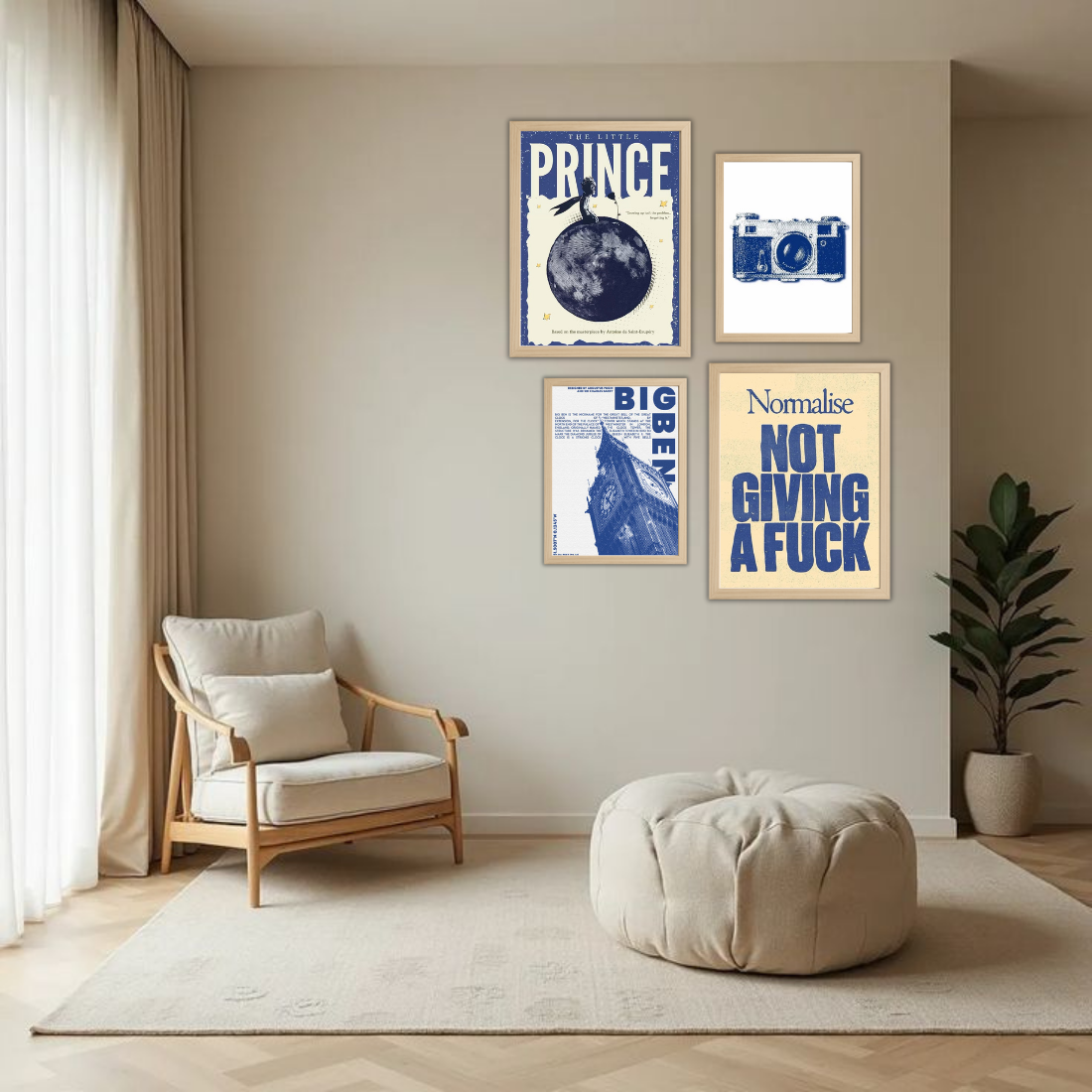 Blue Cream Eclectic Gallery Wall Frame Set – Set of 4 (2 Large 13×17" + 2 Medium 9×11") | Little Prince Big Ben Camera NGAF Art Prints | Beige, Black & White Frame