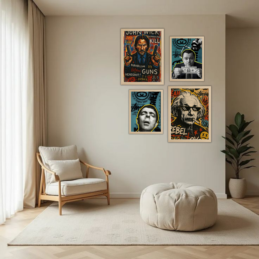 Pop Art Graffiti Icons Wall Frame Set – Set of 4 (2 Large 13×17" + 2 Medium 9×11") | John Wick Einstein DiCaprio Scarface Street Art Prints | Beige, Black & White Frame
